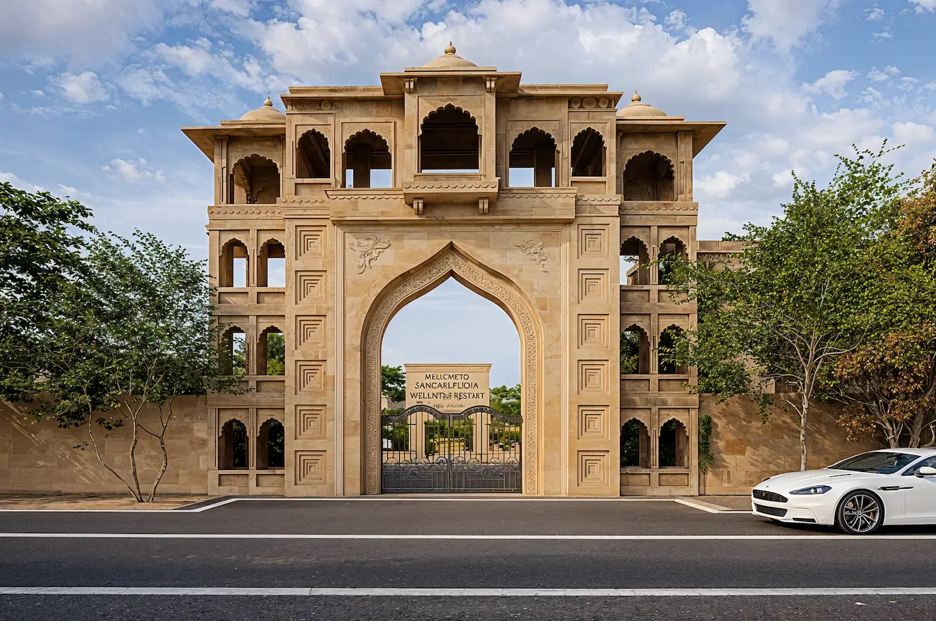 Sangam Pooja Wellness Resort Entrance Gate — Heritage Gateway Design, Prayagraj by Innov Arch